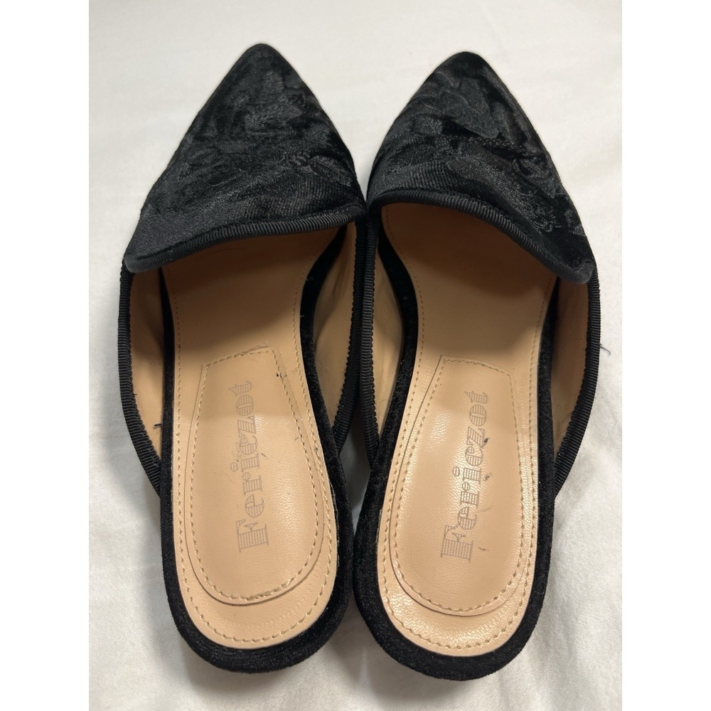 Fericzot Black Velvet Embroidered Mule Flats Pointed Toe Slip On Floral Shoes 6 - Picture 4 of 9
